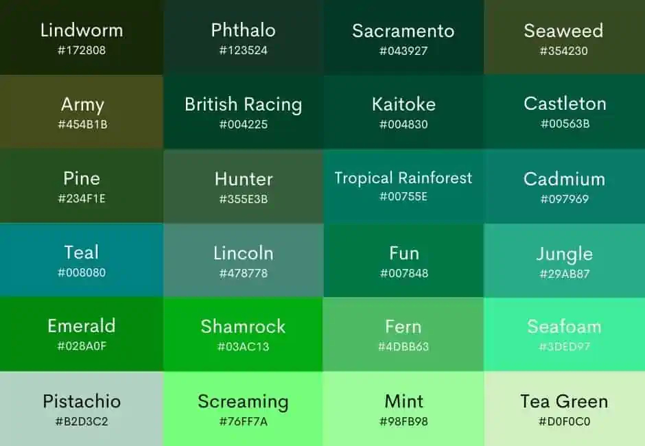 100 Shades Of Green Color With Names Hex RGB CMYK