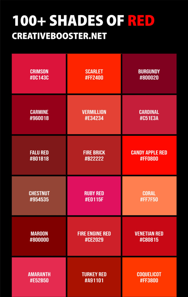 100 Shades Of Red Color Names HEX RGB CMYK Codes Shades Of 