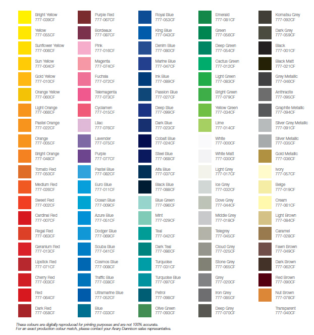 Avery Dennison Vinyl Color Chart
