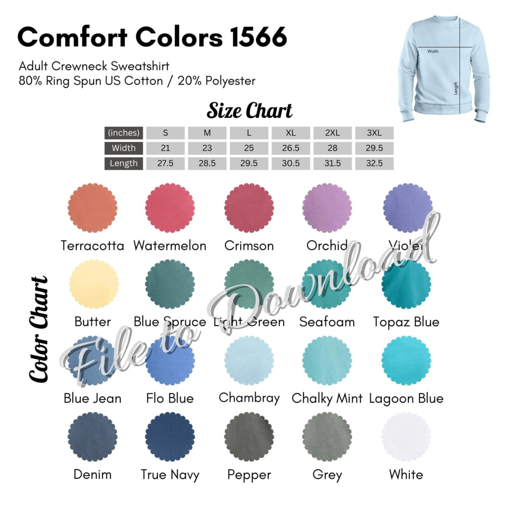 Comfort Colors 1566 Color Chart And Size Chart Cc1566 Sweatshirt Color 
