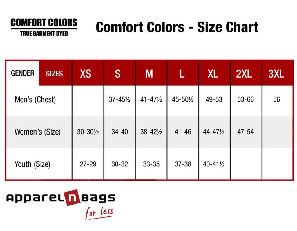 Comfort Colors Size Chart For Shirts Tanks