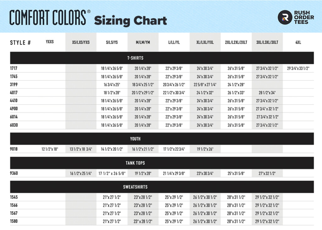 Comfort Colors Sizing Chart CRT Apparel