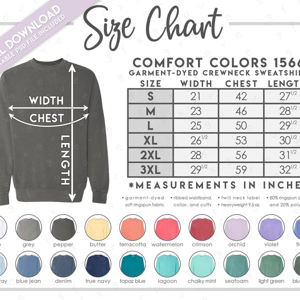 Comfort Colors Sweatshirt Sizing And Color Chart Etsy Canada