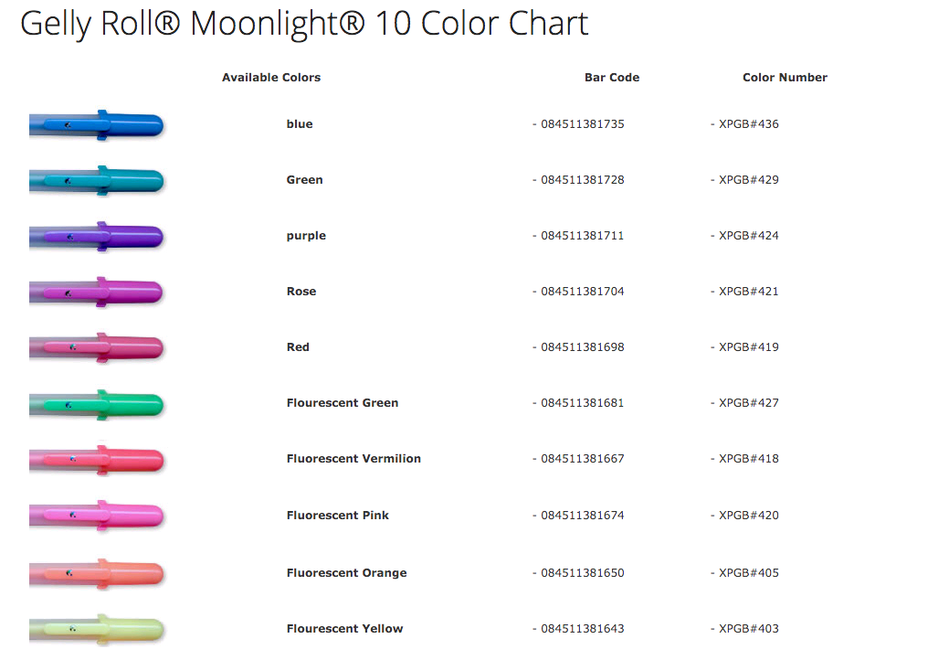 Gelly Roll Moonlight 10 Color Chart Gel Pens Coloring Color Chart 