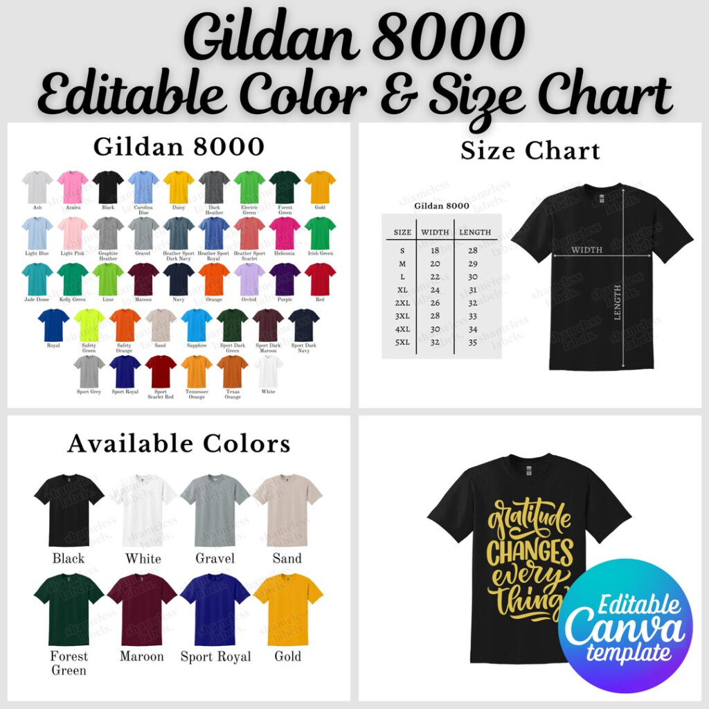 Gildan 8000 Color Chart Size Chart Editable Canva Template G800 
