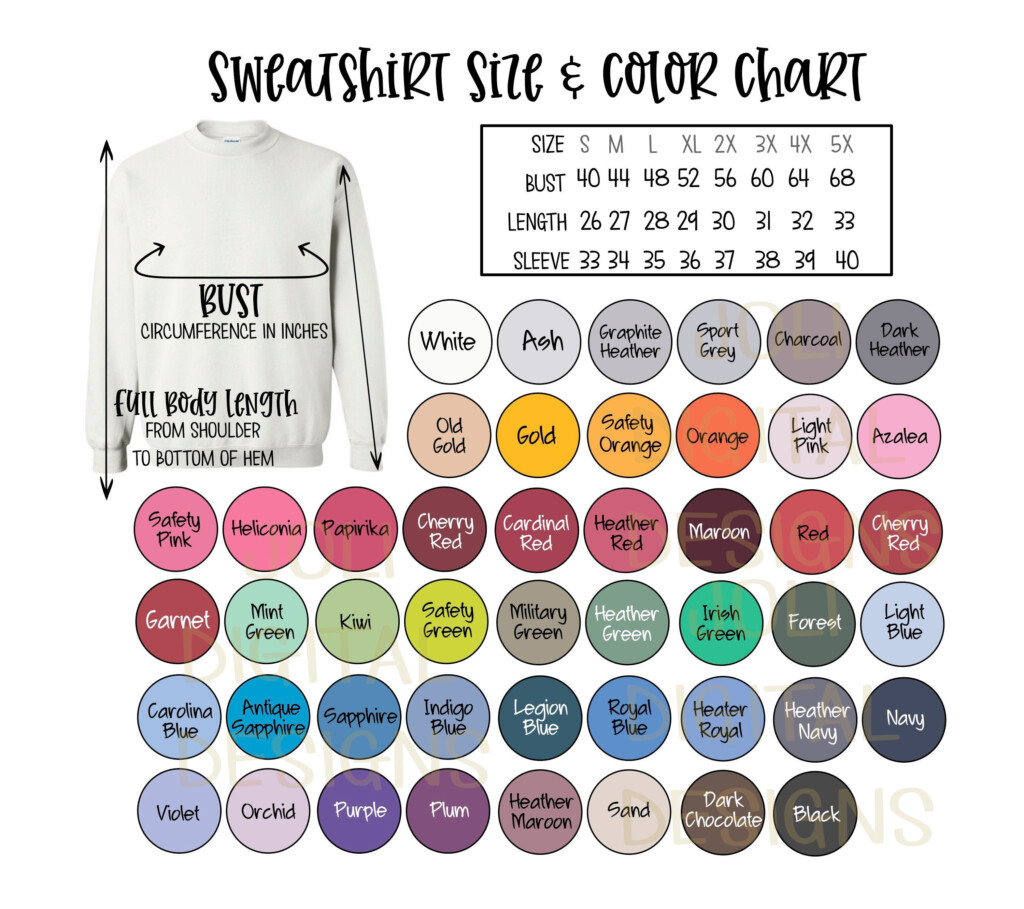 Gildan Sweatshirt Color And Size Chart Digital Download File G180 