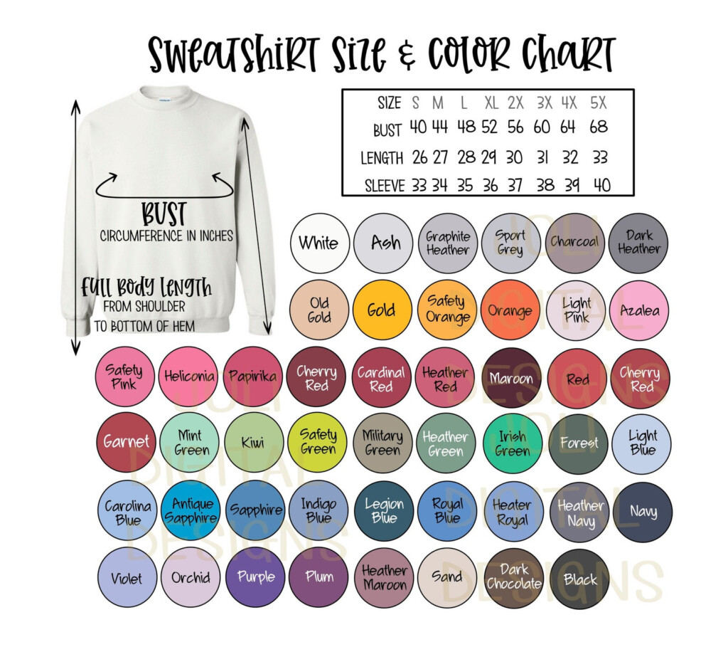 Gildan Sweatshirt Color And Size Chart Digital Download File G180 