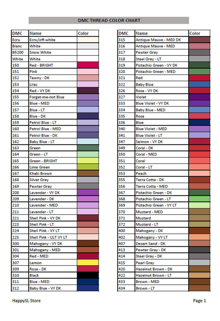 Printable DMC Thread Color Chart Etsy