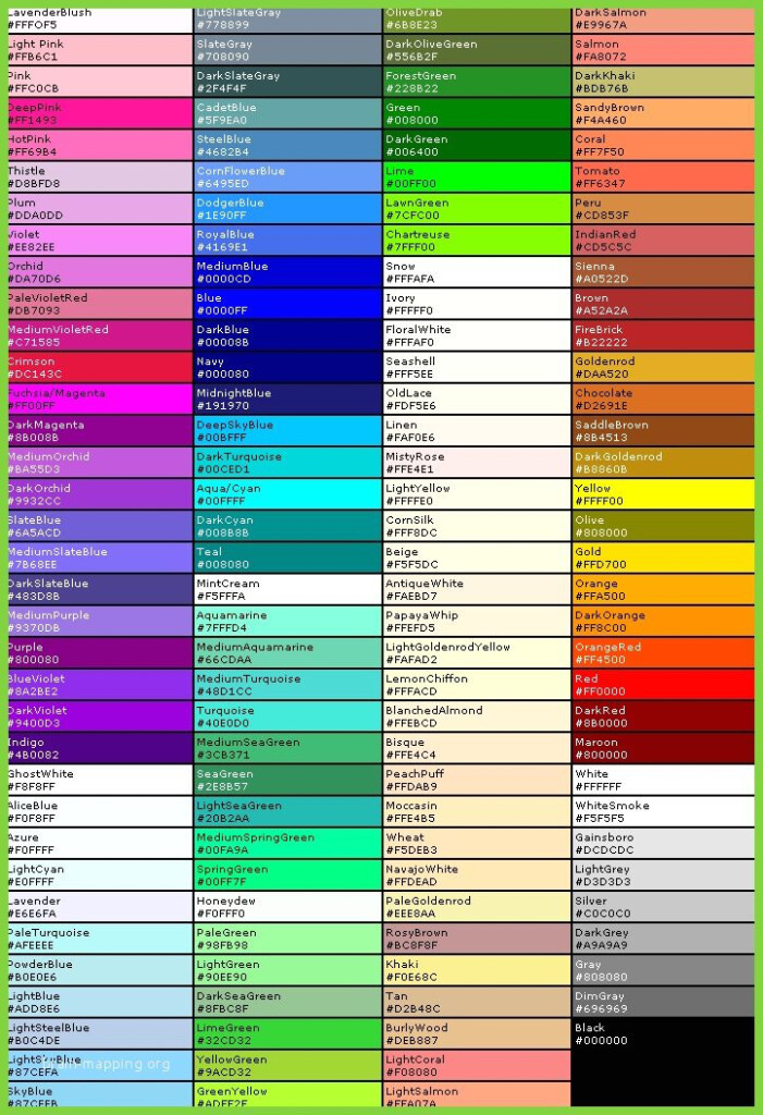 Printable Hex Code Chart